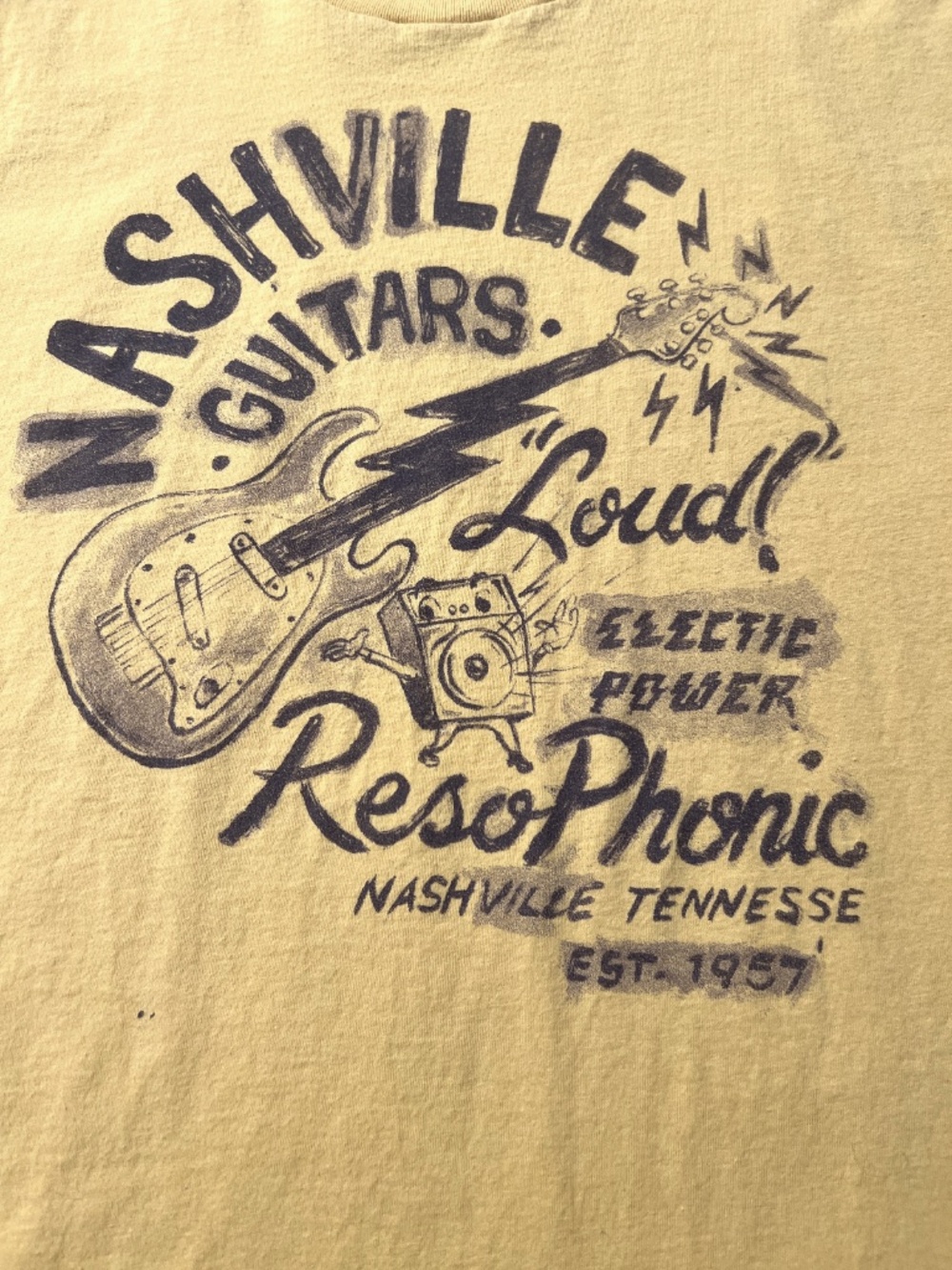 Lucky Brand Nashville Guitars Retro Print Yellow Graphic Cotton T Shirt XL - Picture 6 of 10